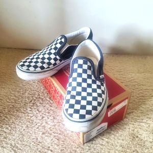 Vans Classic Slip-On sneaker, boys size 2.5, checkered black and white.